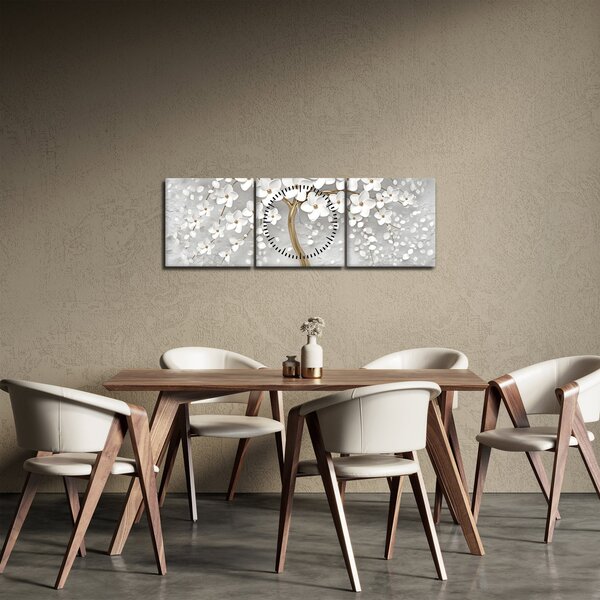 Fehér fa virágokkal képe (órával) (90x30 cm)