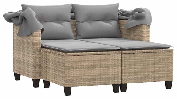 2 személyes bézs polyrattan kerti kanapé baldachinnal/székkel