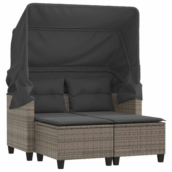 2 személyes szürke polyrattan kerti kanapé baldachinnal/székkel
