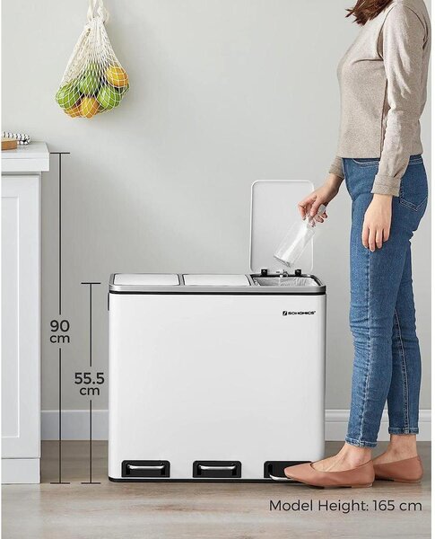 Konyhai pedálos szemetesdoboz, Szelektív hulladékgyűjtő, 3 x 18 L, fehér