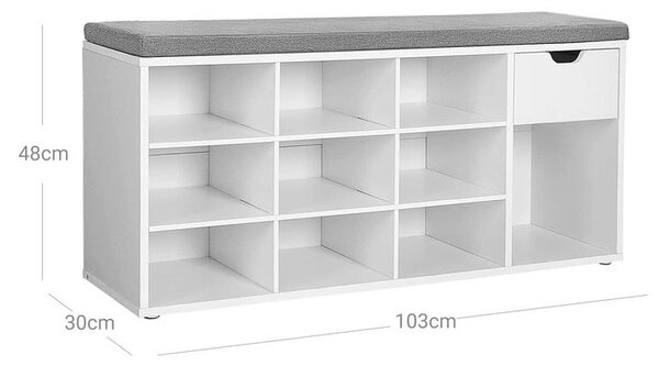 Cipőpad, cipőpolc, pad fiókkal és nyitott rekeszekkel, fehér, 103x30x48 cm