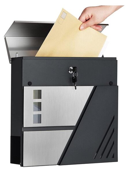 Rozsdamentes postaláda újságtartóval, 37 x 37 x 10,5 cm, antracitszürke