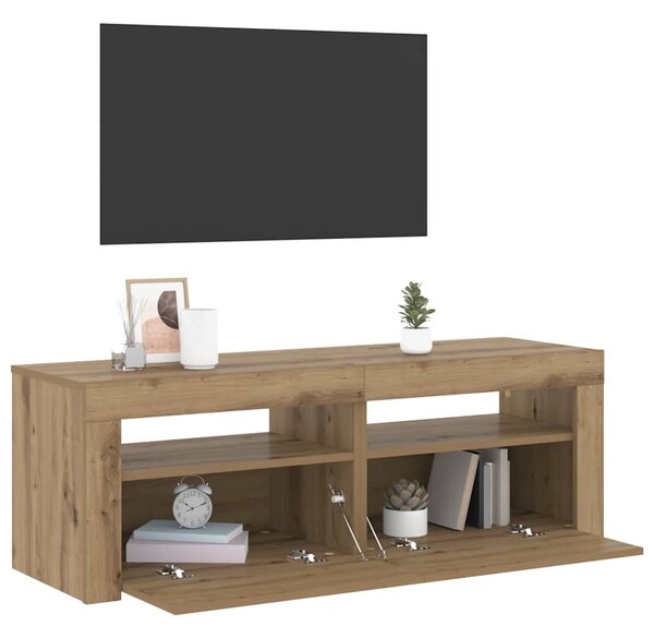 Kézműves tölgy szerelt fa TV-szekrény LED-ekkel 120x35x40 cm