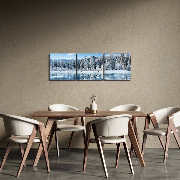Kép a befagyott tóról és a havas fákról (órával) (90x30 cm)