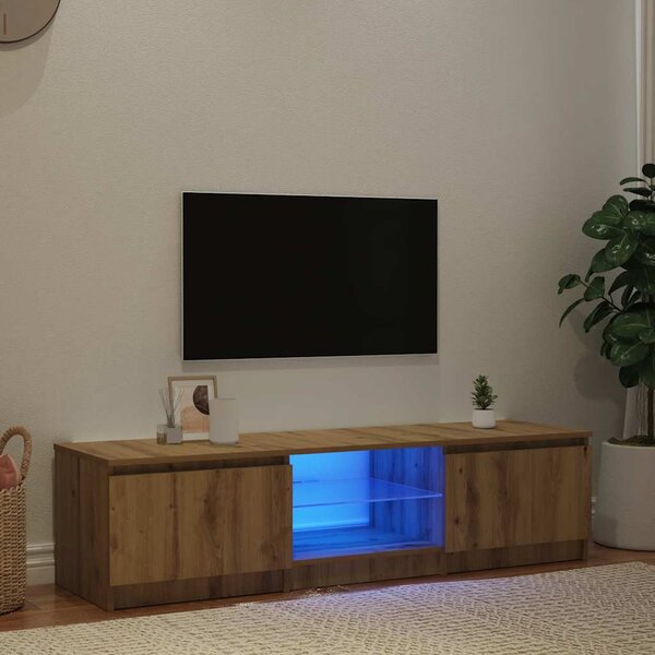Kézműves tölgy szerelt fa TV-szekrény LED-ekkel 140x40x36 cm