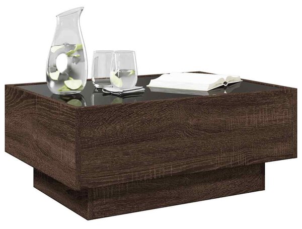 Barna tölgy szerelt fa dohányzóasztal LED-del 70 x 50 x 30 cm