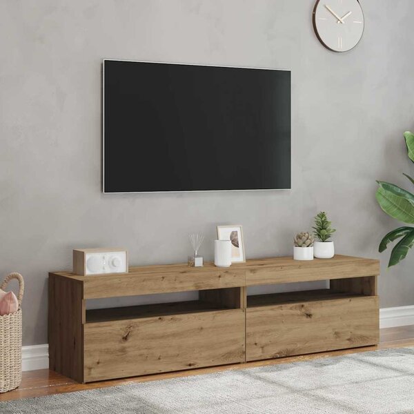 2 db kézműves tölgy színű szerelt fa TV-szekrény LED-lámpákkal