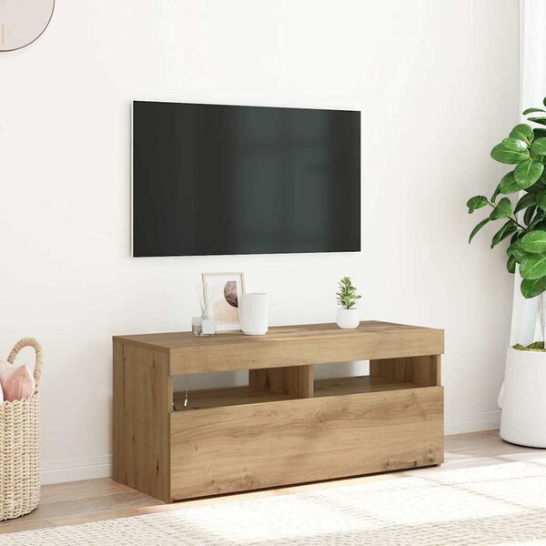 Kézműves tölgy szerelt fa TV-szekrény LED-ekkel 90x35x40 cm