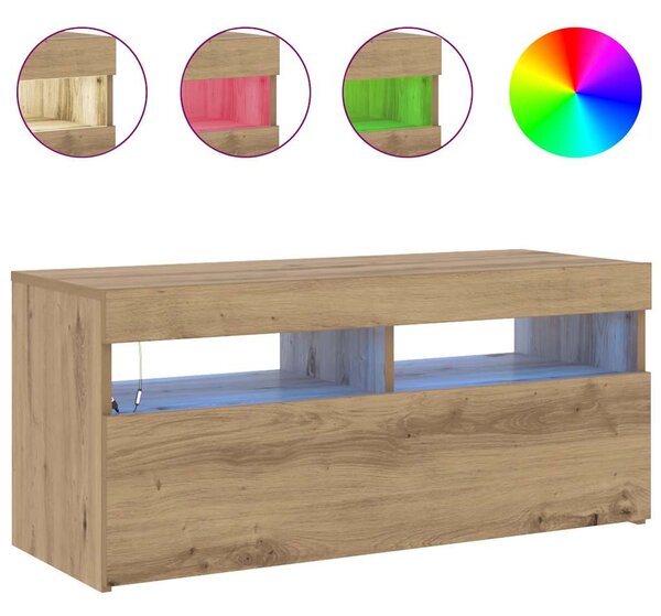 Kézműves tölgy szerelt fa TV-szekrény LED-ekkel 90x35x40 cm