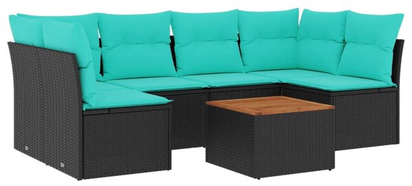 7 részes fekete polyrattan kerti ülőgarnitúra párnákkal