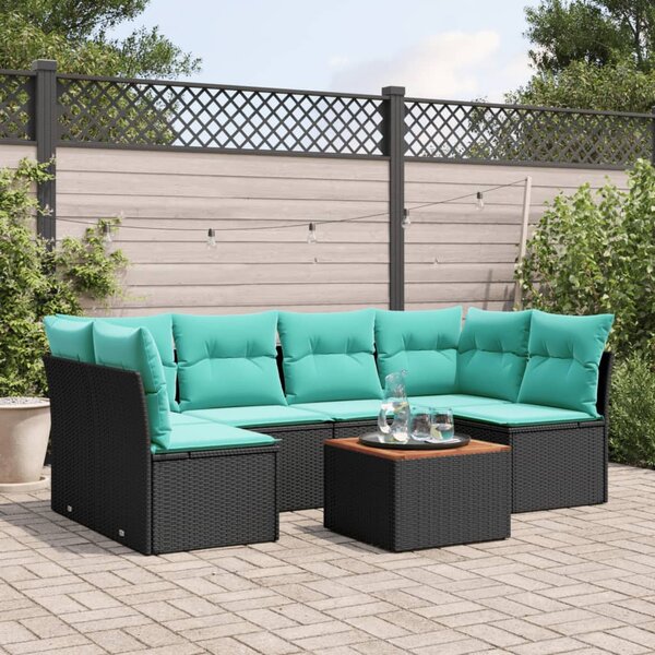 7 részes fekete polyrattan kerti ülőgarnitúra párnákkal