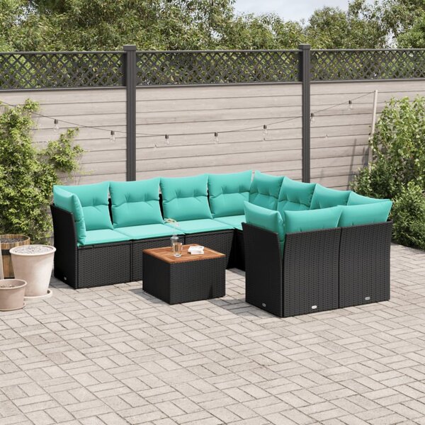 9 részes fekete polyrattan kerti ülőgarnitúra párnával