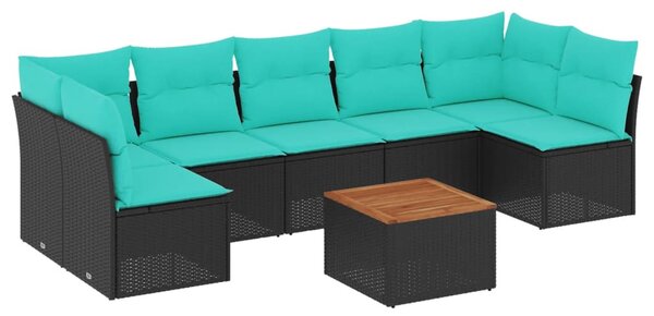 8 részes fekete polyrattan kerti ülőgarnitúra párnával