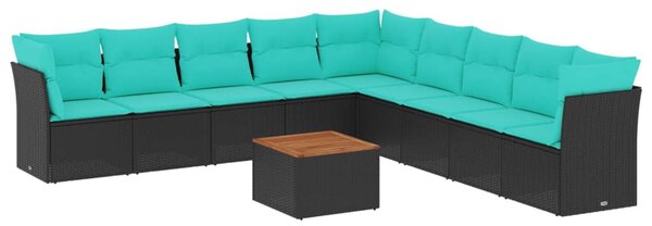 10 részes fekete polyrattan kerti ülőgarnitúra párnával