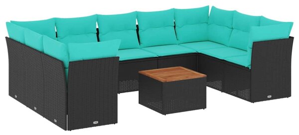 10 részes fekete polyrattan kerti ülőgarnitúra párnával