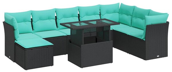 9 részes fekete polyrattan akácfa kerti ülőgarnitúra párnákkal