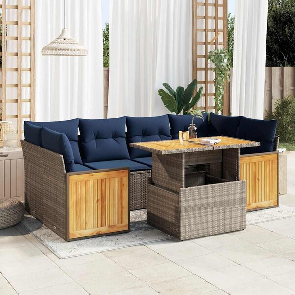 7 részes szürke polyrattan akácfa kerti ülőgarnitúra párnákkal