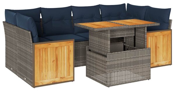 7 részes szürke polyrattan akácfa kerti ülőgarnitúra párnákkal