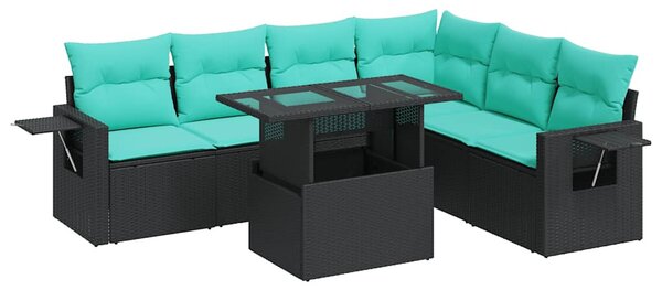 7 részes fekete polyrattan akácfa kerti ülőgarnitúra párnákkal