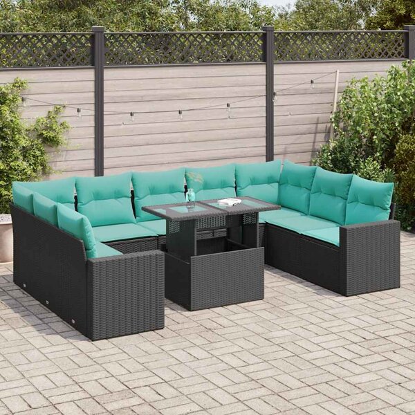 10 részes fekete polyrattan akácfa kerti ülőgarnitúra párnákkal