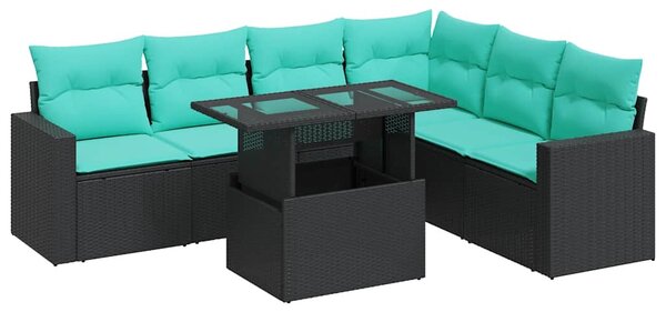 7 részes fekete polyrattan akácfa kerti ülőgarnitúra párnákkal