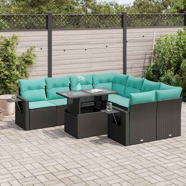 9 részes fekete polyrattan akácfa kerti ülőgarnitúra párnákkal