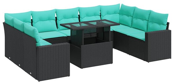 10 részes fekete polyrattan akácfa kerti ülőgarnitúra párnákkal