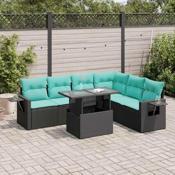 7 részes fekete polyrattan akácfa kerti ülőgarnitúra párnákkal