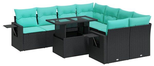 9 részes fekete polyrattan akácfa kerti ülőgarnitúra párnákkal