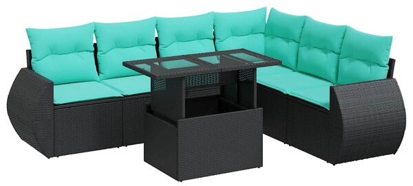 7 részes fekete polyrattan akácfa kerti ülőgarnitúra párnával