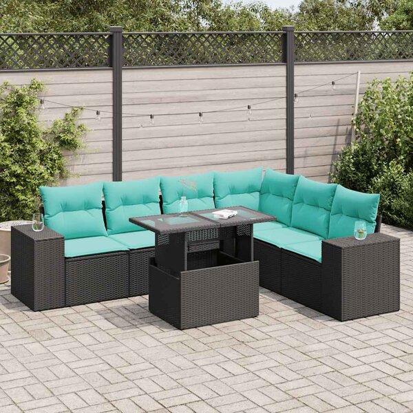 7 részes fekete polyrattan akácfa kerti ülőgarnitúra párnákkal