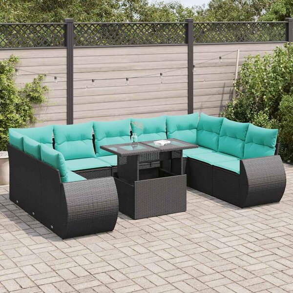 10 részes fekete polyrattan akácfa kerti ülőgarnitúra párnákkal