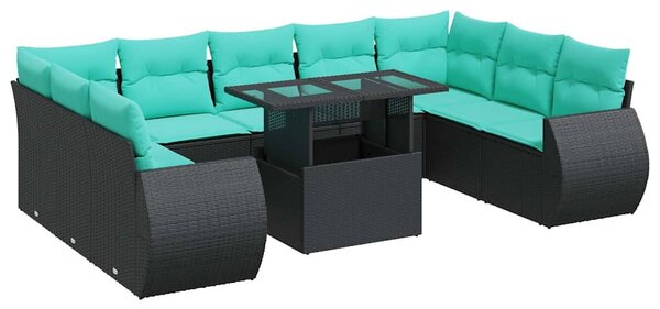 10 részes fekete polyrattan akácfa kerti ülőgarnitúra párnákkal