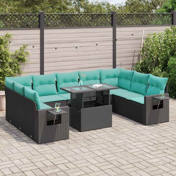 10 részes fekete polyrattan akácfa kerti ülőgarnitúra párnákkal