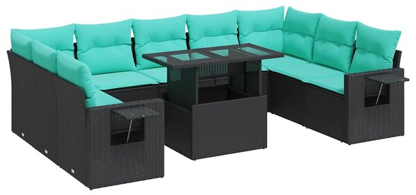 10 részes fekete polyrattan akácfa kerti ülőgarnitúra párnákkal