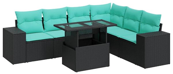 7 részes fekete polyrattan akácfa kerti ülőgarnitúra párnákkal