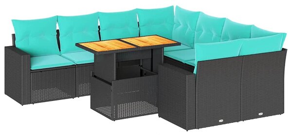 9 részes fekete polyrattan kerti ülőgarnitúra párnákkal