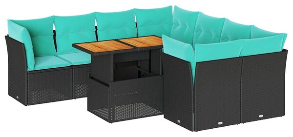 9 részes fekete polyrattan kerti ülőgarnitúra párnákkal