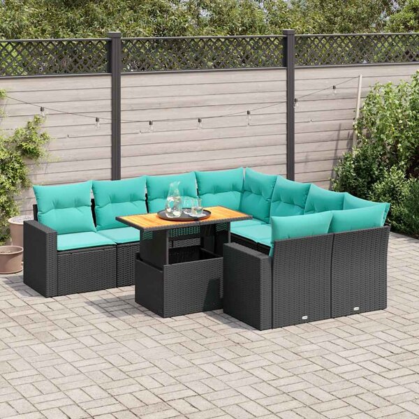 9 részes fekete polyrattan kerti ülőgarnitúra párnákkal