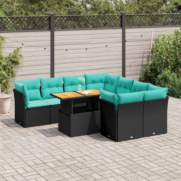 9 részes fekete polyrattan kerti ülőgarnitúra párnákkal