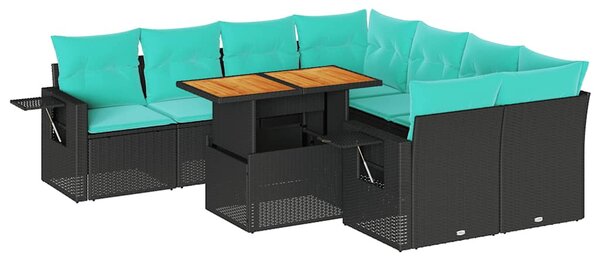 9 részes fekete polyrattan kerti ülőgarnitúra párnákkal