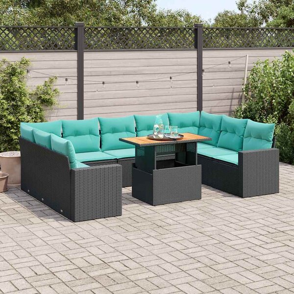 10 részes fekete polyrattan kerti ülőgarnitúra párnákkal