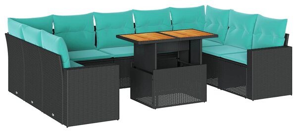 10 részes fekete polyrattan kerti ülőgarnitúra párnákkal