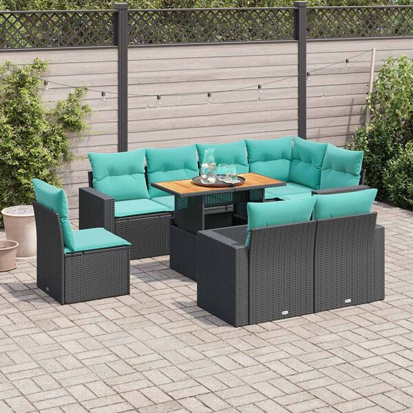 9 részes fekete polyrattan kerti ülőgarnitúra párnákkal