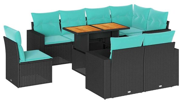 9 részes fekete polyrattan kerti ülőgarnitúra párnákkal