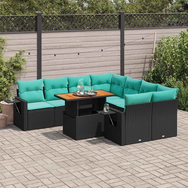 9 részes fekete polyrattan kerti ülőgarnitúra párnákkal