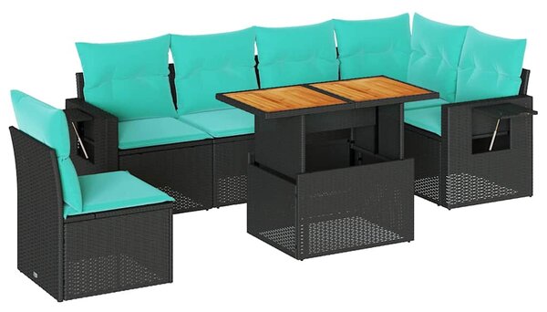 7 részes fekete polyrattan kerti ülőgarnitúra párnával