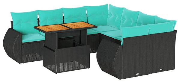 9 részes fekete polyrattan kerti ülőgarnitúra párnákkal