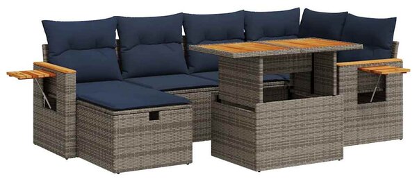 7 részes szürke polyrattan akácfa kerti ülőgarnitúra párnával