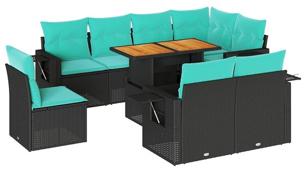 9 részes fekete polyrattan kerti ülőgarnitúra párnákkal